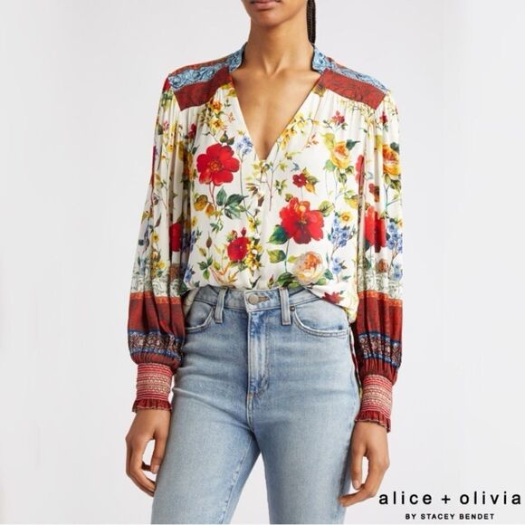 Alice + Olivia Serena Dew White Red Blouse Floral Button Front Size M - Picture 1 of 12